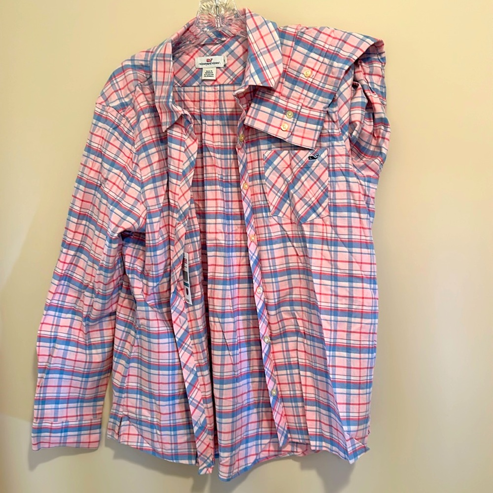 Vineyard Vines, size 16 women’s long-sleeved flannel shirt; pink, blue, white